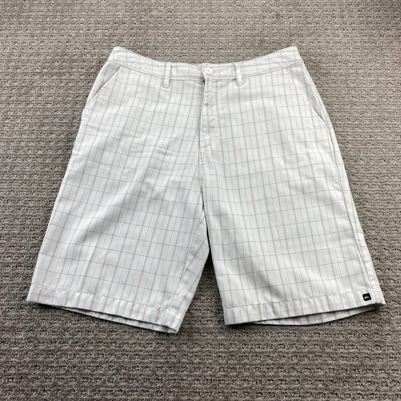 QUIKSILVER Shorts Men 34 White Blue Brown Plaid Short Pants Chino Casual Golf - Picture 1 of 13